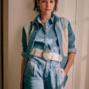Sezane Will Jacket in clear patchwork denim, size XS